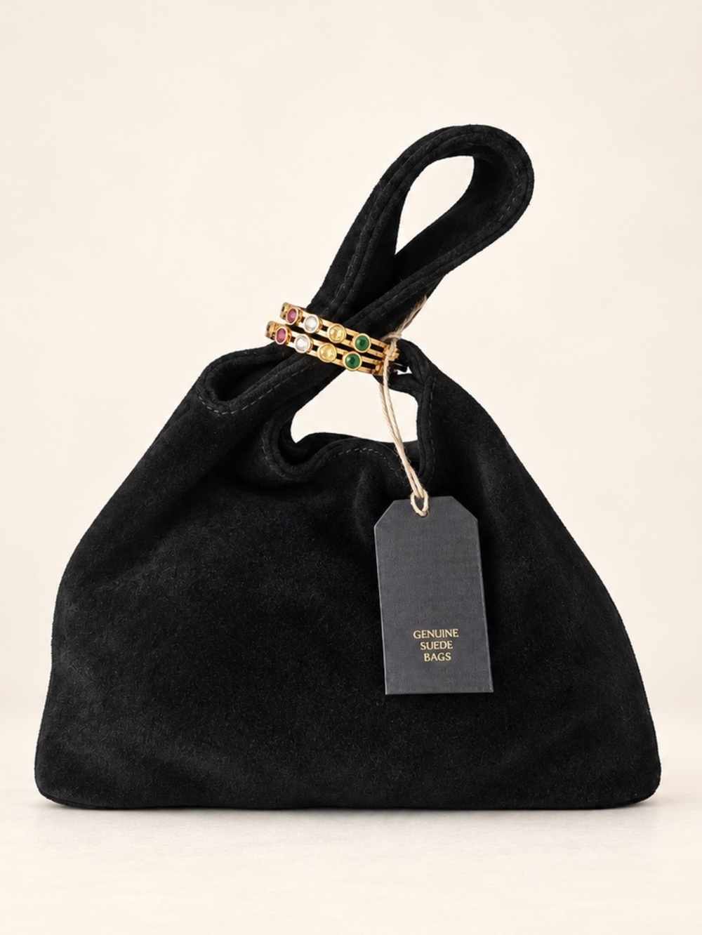 Made in India Genuine Suede Black Hobo Handbag W Jeweled Detail